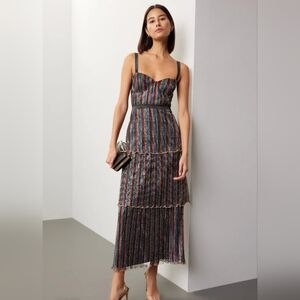 SAYLOR Aviva Metallic Stripe Tiered Midi Dress Multicolor Rainbow sz Large